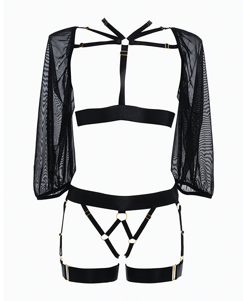 Adore Ibiza Babe Strappy Open Front Bodice w/Mesh Sleeves & Open Gartered Panty Black O