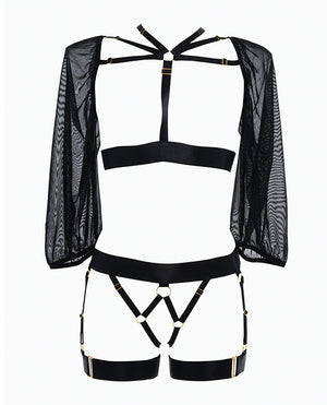 
            
                Load image into Gallery viewer, Adore Ibiza Babe Strappy Open Front Bodice W/mesh Sleeves &amp;amp; Open Gartered Panty Black O/s
            
        