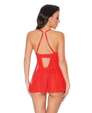 
            
                Load image into Gallery viewer, Holiday Scallop Stretch Lace &amp;amp; Mesh Babydoll &amp;amp; Thong Red/gold Md
            
        