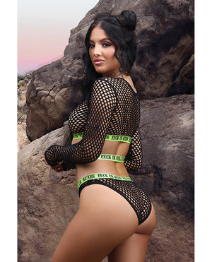 
            
                Load image into Gallery viewer, Vibes Fuck Ur Rules Long Sleeve Crop Top, Panty &amp;amp; Pasties Black/green L/xl
            
        