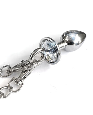 Nixie Metal Butt Plug w/Inlaid Jewel & Fur Cuff Set - Silver Metallic