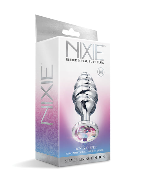 Nixie Honey Dipper Ribbed Metal Rainbow Jeweled Butt Plug - Medium