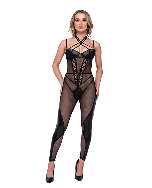 
            
                Load image into Gallery viewer, Flirty FETISH Fishnet &amp;amp; Faux Leather Catsuit w/Satin Trim Black LG
            
        