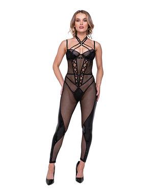 
            
                Load image into Gallery viewer, Flirty FETISH Fishnet &amp;amp; Faux Leather Catsuit w/Satin Trim Black LG
            
        