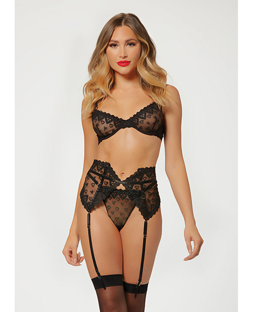 
            
                Load image into Gallery viewer, Valentines Heart Embroidered Mesh Bra, Waspie &amp;amp; Panty Black Lg
            
        